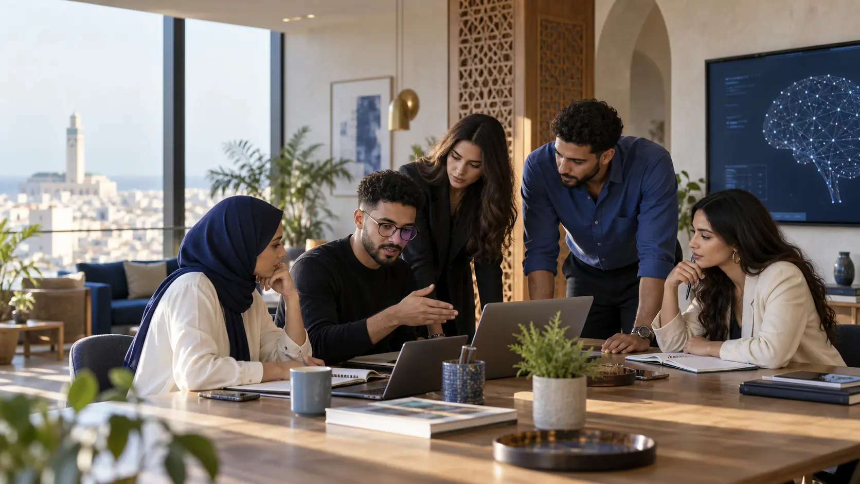 Scène illustrant une équipe marocaine cadrant un projet d’intelligence artificielle