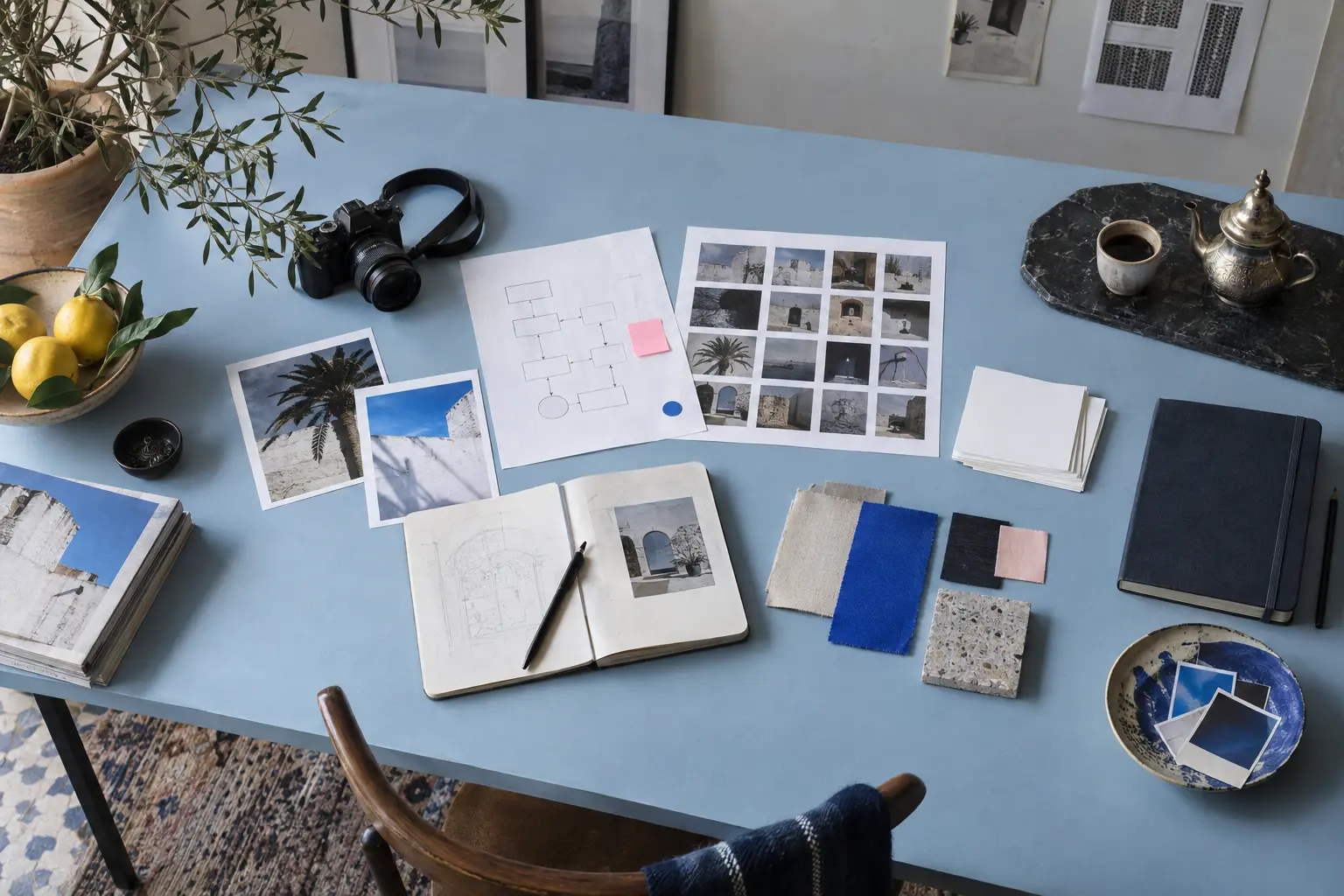 Table de travail réunissant photographies, schémas, matières et carnet dans un studio marocain